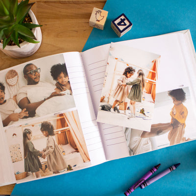 Memo photo album flat on a table with photographs of children