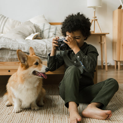 Child taking a photograph of their pet Corgi dog