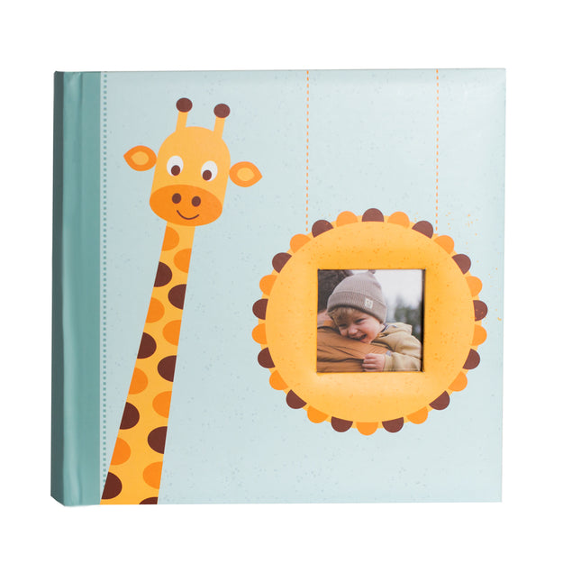 blue baby photo album front with giraffe head and a picture window