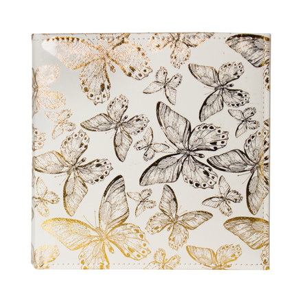 textured ivory photo album cover with gold foil butterflies in random pattern