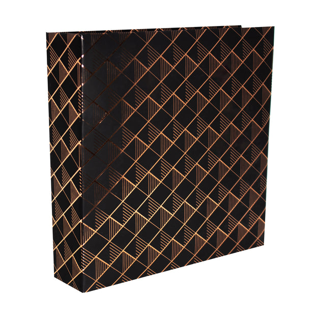 grafton memo photo album in black with all over gold foil pattern in diamond shapes
