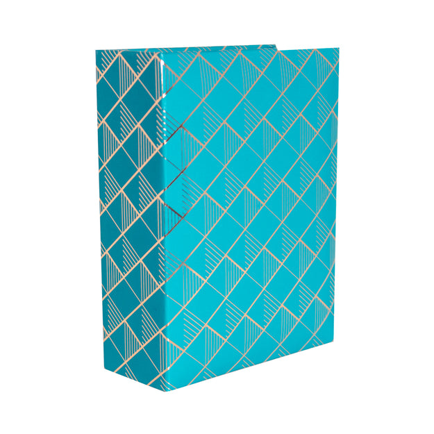 portrait photo album in teal with abstract diamond pattern in gold foil