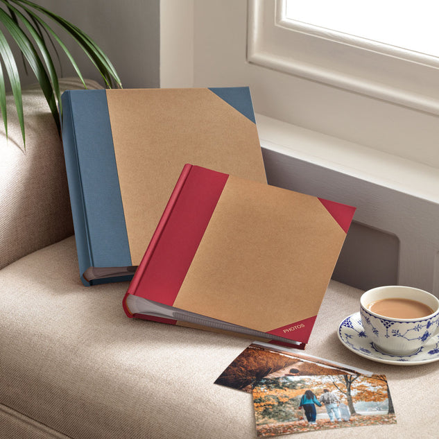 Two photo albums on a couch with a cup of coffee and saucer, and a plant in the background.