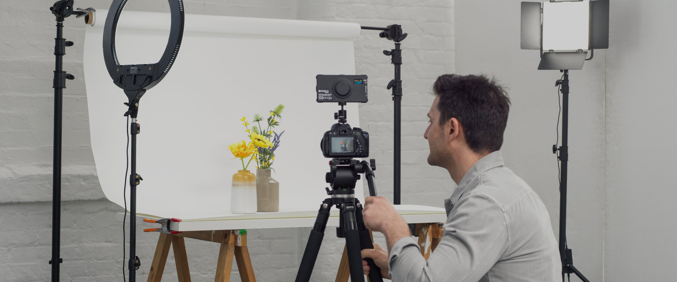 studio photography set up with lighting and tripods